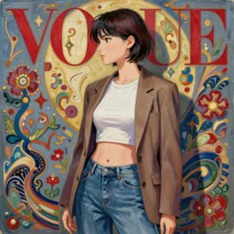anime vogue, crop top, blazer, jeans, intricate oil painting by greg rutkowski, trending on artstation, side profile