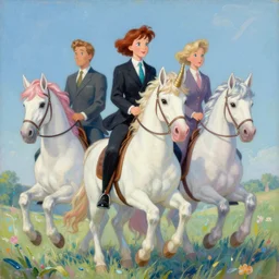 a painting of three managers riding unicorns, a storybook illustration by Lisa Frank, featured on pixiv, magical realism, irridescent, storybook