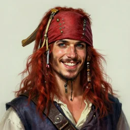 portrait of a young ruggedly handsome but joyful pirate, male, masculine, upper body, red hair, long hair, d & d, fantasy, intricate, elegant, highly detailed, digital painting, artstation, concept art, matte, sharp focus, illustration, art by artgerm and greg rutkowski and alphonse mucha