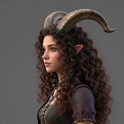 a profile of gypsy girl with long curly hair and big goat horns, octane render, 4 k, 8 k, behance hd