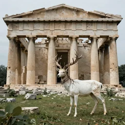 long shot of an ancient greek temple and a white deer with horns made of intertwined branches and leaves walking inside the temple overrun by nature. 4k photo