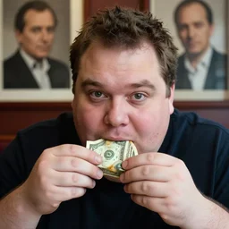 closeup portrait of fat wealthy man eating dollar bills at a new york restaurant , by Steve McCurry and David Lazar, natural light, detailed face, CANON Eos C300, ƒ1.8, 35mm, 8K, medium-format print