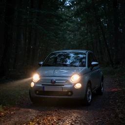 fiat 1 2 4 in the dark forest, night, headlights on