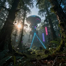 nature by carlo stanga, at dawn forest laser cgsociety biopunk fisheye extraterrestial vice city tokyo morning sun neon signs universe reclaimed by nature steampunk, archdaily, wallpaper, highly detailed, trending on artstation.