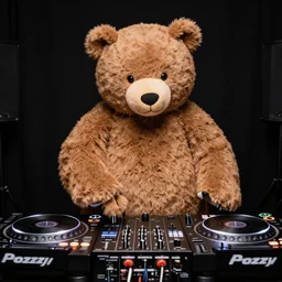 photoreal fozzy bear DJing with DJ turntables