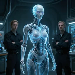 in the style of charlie bowater, dean cornwell, steve niles : : biomechanical pale woman hologram : : dark futuristic lab