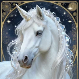 close up portrait, unicorn with pale crystal mane, stars and night background, ornate alphonse mucha, rhads, ross tran, artstation, artgerm, octane render, 1 6 k