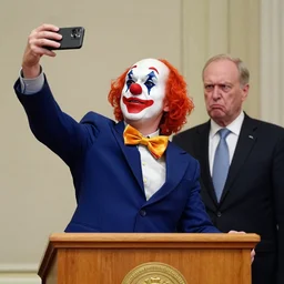 a president with clown face taking a selfie in a podium next to an angry first minister