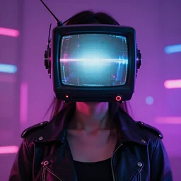 a cyberpunk woman wearing a TV as a mask