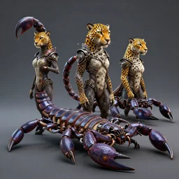 centaurs with scorpion tails and leopard heads, style artstation, style greg rutkowsk, ciberpunk, comic art book, biopunk, octane render, unreal engine 6, epic game graphics