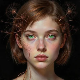 generative art beautiful young woman, green eyes, short brown hair, thin copper wires, ( ( fractals ) ) black background, digital painting, extremely detailed, 4 k, intricate, brush strokes, johanna martine, janusz jurek, mark arian, artgerm, bastien lecouffe - deharme, peter mohrbacher