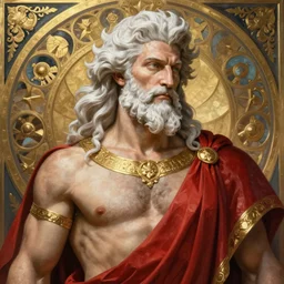 painted portrait of rugged zeus, god of thunder, greek god, white hair, masculine, mature, handsome, upper body, red and gold, muscular, defined, hairy torso, fantasy, intricate, elegant, highly detailed, digital painting, artstation, concept art, smooth, sharp focus, illustration, art by gaston bussiere and alphonse mucha