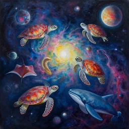 painting of sea creatures swimming through space, sea turtles, sting rays whales, colorful nebulas, planets, 8 k resolution in the style of artem demura, jisu