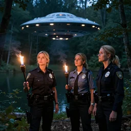 two beautiful blonde female cops inspecting a ufo in a forest, lake, torch lighting, hyper realism, eery
