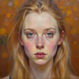 stunning serene portrait of Grimes by Mark Arian, oil on canvas, masterpiece, realism, piercing gaze, autumn bokeh