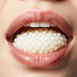 realistic photo of a a mouth filled with white dots caviar 1 9 6 0, life magazine photo, natural colors, metropolitan museum, kodak, 8 k, very detailed, high resolution, product photo