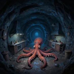 darkness, fisheye spiral, naive, extra narrow, detailed illustration of a basement cellar kitchen, large floor, octopus shaped by rhads from lorax movie, trending artstation, dark blue underground
