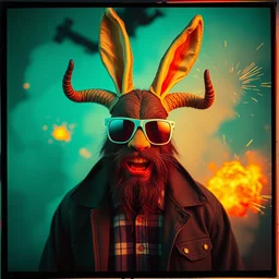 kodak portra 4 0 0, wetplate, teal and orange colours, explosions, rockets, funny sunglasses, krampus, bunny head, the walking dead, 1 9 2 0 s style, motion blur, portrait photo of a backdrop, bombs, sparkling, fog, by georges melies and by britt marling