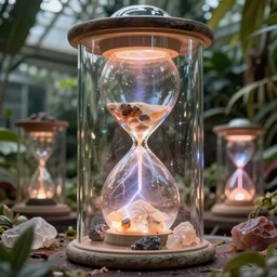 botanical garden inside a glass jars! hourglass lightning himalayan rocksalt lamp intricate detail volumetric lighting epic composition hyper d, centered