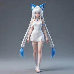 hyper - realistic + photorealistic render with very extreme intricate details, full body of a girl!!! wearing blue cat - ears, blue eyes and long white braided hair, in the style of final + fantasy 9, 8 8 mm lens, full shot, maya, cinema 4 d