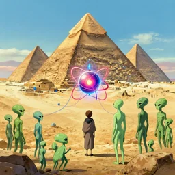 wise aliens teach ancient egyptians about nuclear atomic energy with pyramids connected with wires and surrounded by crowds and a desert in the distance, digital art, artstation, trending, 4 k, intricate, ultra hd, in the style of studio ghibli