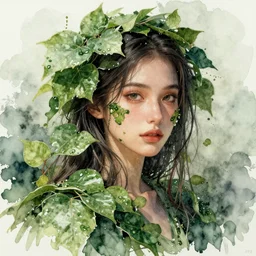 water color painting of a young woman engulfed in green leafs, surreal Art Station, concept art, cinematic, 8k, Pinterest, cgsociety, hyper detailed, ultra realistic, epic, high resolution, post processing, ultra high quality, sci fi, sharp, 4k UHD, realistic, intricate, details, masterpiece, Deviant Art, Trending on Artstation, Unreal Engine 4k, octane render