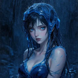beautiful seductive slime - girl, in the rain, highly detailed, painting, dark blue and black color palette, intricate, high quality anime artstyle, in the style of ilya kuvshinov