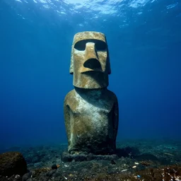 easter island statue, underwater, sunken, photography