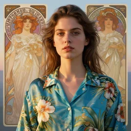 Claire Elizabeth Cottrill wearing luxuruous hawaiian rayon shirt, rule of thirds,  accurately portrayed, portrait art by alphonse mucha and greg rutkowski, highly detailed, digital painting, concept art, illustration, ethereal lighting with twilight rays of sunlight, trending on artstation, very detailed, smooth, sharp focus, octane render, close up