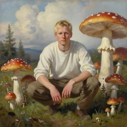 portrait of a blonde man in slavic squat in the mushroom field. cumulus. painting by tracie grimwood