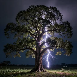 a nightime photo of an ancient tree the very instant that it is struck by lightning