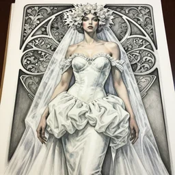 a low angle copic maker art nouveau dystopian portrait of russian beautiful girl detailed features wearing a latex wedding dress with a puffy skirt designed by balenciaga by john berkey, norman rockwell akihiko yoshida