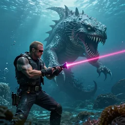 an intricate and scary sea monster while The Rock is shooting a laser beam to it