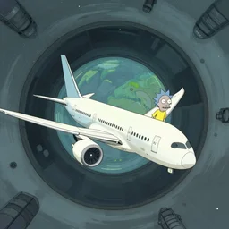 boeing 7 8 7 flying into a portal, rick and morty style