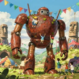 memorable animation key shot, anime movie screenshot, kids climbing up the giant bulbous rusty robot schwerer gustav!!!!, colorful bunting, moss, flags, festival, grafitti!!, moai, ghibli, themepark, by mandy jurgens, by satoshi kon, ilya repin, lena aenami, shinji kimura, daylight glow