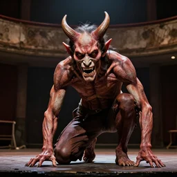 a taiwanese demon lurking on a stage in a rundown distraught theatre, professional photography, highly detailed, stunning lighting, artstation, realistic face and anatomy, by frank frazetta and shepard fairey and thomas kinkade and greg rutkowski
