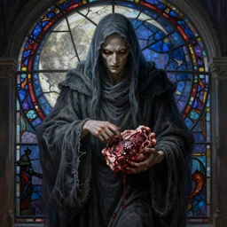 breathtaking detailed soft painting of grim reaper in gauze dress and bleeding meat, with long hair and piercing eyes, in an intricate medieval stained glass moon, rembrandt style, elegant, highly detailed, artstation, concept art, matte, sharp focus, art by tom bagshaw, luis royo and greg rutkowski