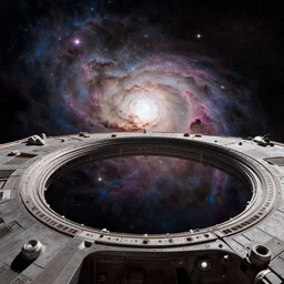 intergalactic stargate portal in a space station with a view of a nebula in the background by thomas kinkaid