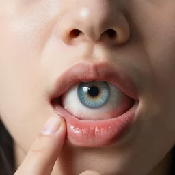 headshot portrait of person holding hyperrealistic human eye in mouth, closeup, hyperrealistic, extreme detail, ray tracing, octane render