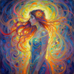 side profile centered painted portrait, maya ali as a wind sorceress, d & d, gloomhaven, luminescent oil painting, concept art, art nouveau, beautifully backlit, ripples, swirly vibrant color lines, fantastically gaudy, aesthetic octane render, 8 k hd resolution, by picasso, ilya kuvshinov, cushart krentz, gilleard james