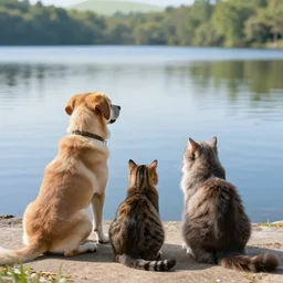 dog and cat sitting together alongside a beautiful lake looking at the sunset, sunset illumination, trending on artstation, octane render, cgsociety, cinematic, unreal engine 5