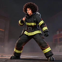 an angry scarlett johansson as a fireman, wide angle lens, full body dramatic profile pose, dramatic lighting, afro samurai anime style, holding a whip, apocalyptic cityscape in the background, baki style, vogue cover, pencil and ink, full moon, black and white