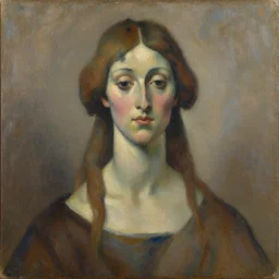 expressive distorted bust portrait of a woman with long neck, big ears and a small head, brown and blue palette, oil painting, impasto, muted colors, artwork by arnold bocklin