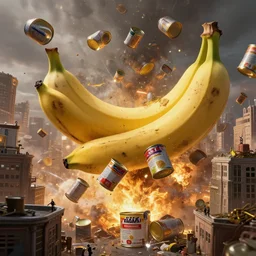 giant tins of spam falling into and exploding buildings, dim volumetric lighting, 8 k octane beautifully detailed render, post - processing, extremely hyper - detailed, intricate, epic composition, giant bananas natural disaster, cinematic lighting, masterpiece, trending on artstation, detailed detailed detailed, masterpiece, stunning art by anders zorn, wonderful masterpiece by greg rutkowski, beautiful cinematic light, american romanticism by greg manchess, jessica rossier