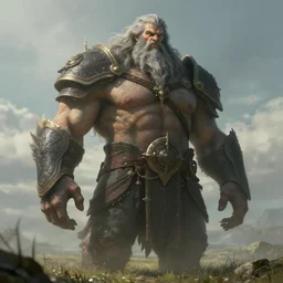 a highly detailed portrait of a epic massive fantasy giant elden god with gray hair and beard standing in a field concept art