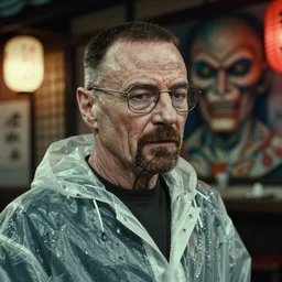 Cinestill 50d, 8K, highly detailed, Breaking bad style 3/4 extreme closeup portrait, clear eyes, focus on clear transparent raincoat walter white model, tilt shift h.r giger style background: famous blade runner remake, tokyo izakaya scene
