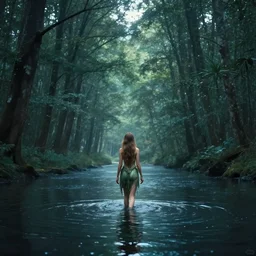 forest nymph rising from the water. view from behind, wide angle view, back view. nuri iyem, james gurney, james jean, greg rutkowski, anato finnstark. trending on artstation, starlight, and enchanted dreams. instagram photo shoot, sigma 3 5 mm, award winning photography, cinematic, trending on artstation