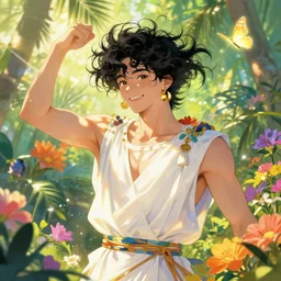 harmony of swirly black haired yoongi wearing white greek clothes, smirking, gold earrings muted colors, colorful flowers, tropical, sunlight filtering through skin, dynamic hair movement, dynamic pose, glowing butterflies, j. c leyendecker, by alan lee, wlop! illustrated by starember, fantasy art by craig mullins