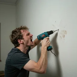 a screaming man is tormented by the sound of drilling in the wall