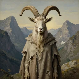 A detailed horned goatwoman stands among the mountains. Wearing a ripped mantle, robe. Perfect faces, extremely high details, realistic, fantasy art, solo, masterpiece, art by Zdzisław Beksiński, Arthur Rackham, Dariusz Zawadzki